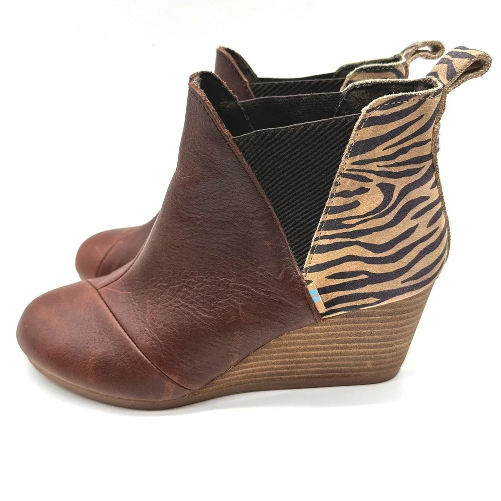 Toms Kelsey Brown Leather Zebra Suede Print Wedge Ankle Boots Womens 7.5